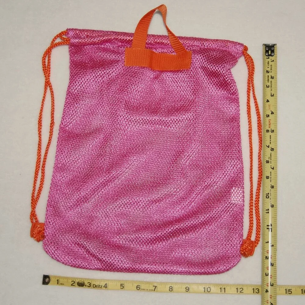 Girls Fuchsia Pink Mesh Drawstring Beach Bag - Picture 6 of 6